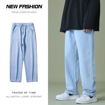 New autumn men denim wide leg pants korean style straight light blue baggy jeans elastic waist students trousers male black gray
