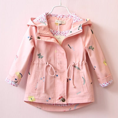 Spring Autumn Girls Windbreaker Coat Jackets Baby Kids Flower Embroidery Hooded Outwear