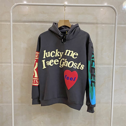 Graffiti Letter Foam Plus Velvet Kanye Sweatshirts Men's Oversized Fleece