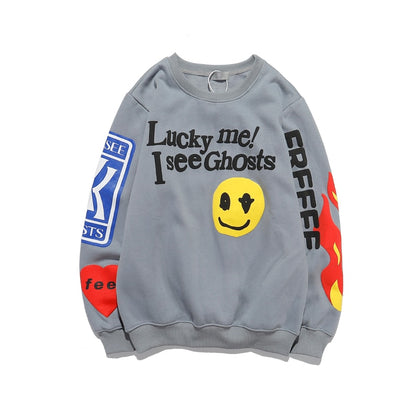 Graffiti Letter Foam Plus Velvet Kanye Sweatshirts Men's Oversized Fleece