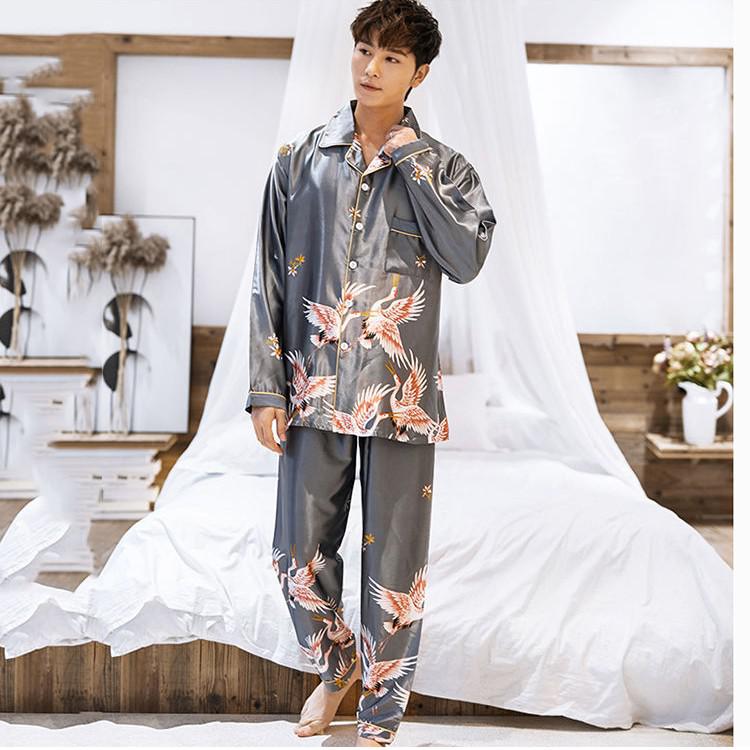 OVERSIZE Couples Print Pajamas Suit Shirt &amp; Pants Silky 2PCS Sleep Set Kimono Bathrobe Gown Casual Bridal Wedding Gift Nightwear