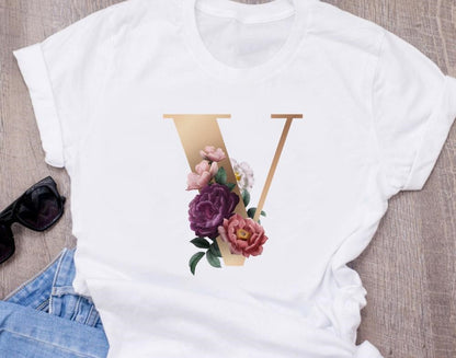 Custom name letter combination women High quality printing T-shirt Flower letter Font A BCDEFG short sleeve Clothing