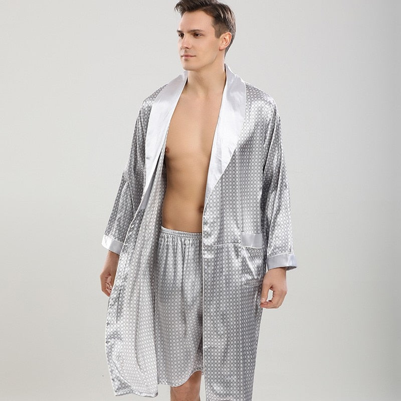 Men Robe Sets Satin Kimono Gown Male Nightwear Bathrobe Faux Silk 2PCS Robe &amp; Shorts Suit Casual Sleepwear Lounge Wear Homewear