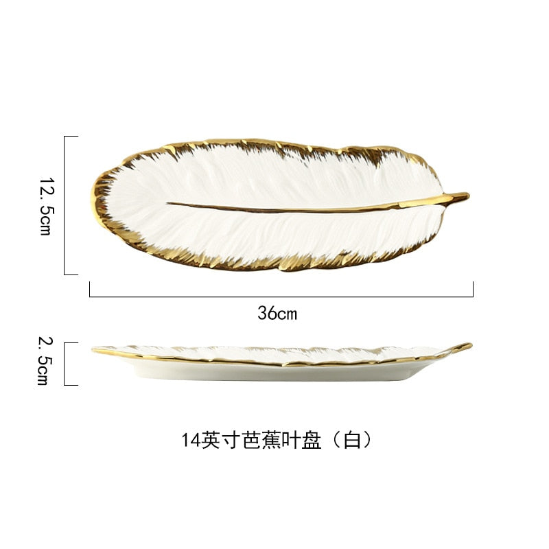 Luxus Keramik Platter Ablage mit Glod Rim Green Leaf Glod Feder Schmuck Make-Up Pinsel Lagerung Dekorative Sushi Platte