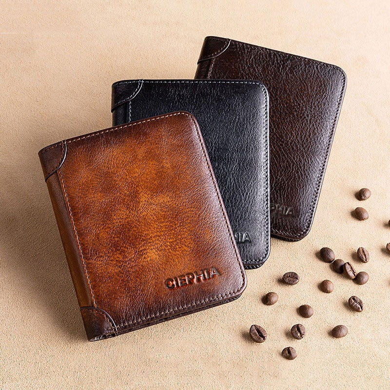 Genuine Leather Rfid Protection Wallets for Men Vintage Slim Short Multi Function ID Credit Card Holder Money Bag