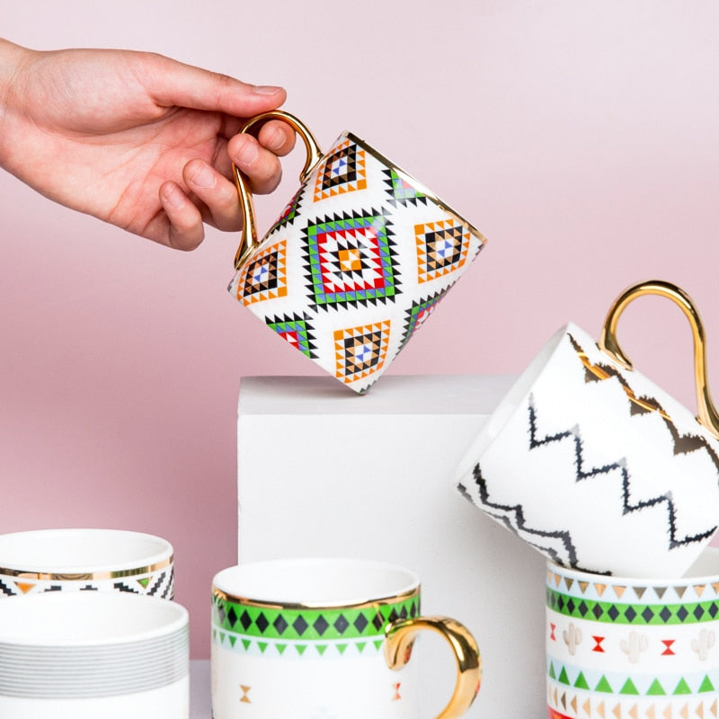 Luxus Gold Totems Mosaik Geometrische Flamingo Keramik Kaffee Becher Kaffee Tasse Gold Frühstück Milch Wasser Tasse Paar Kreative Geschenke