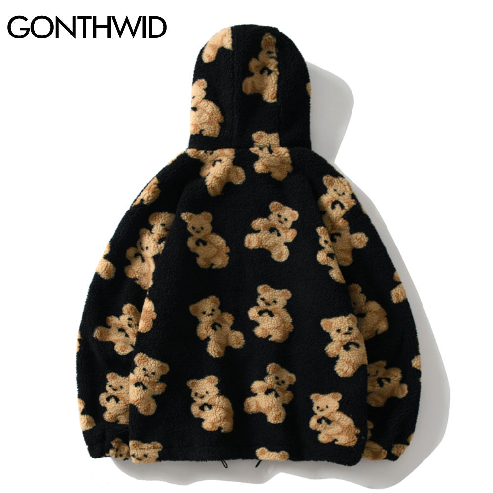 Fleece Hooded Jackets Streetwear Casual Harajuku Hip Hop Men Women Fashion Bear Print