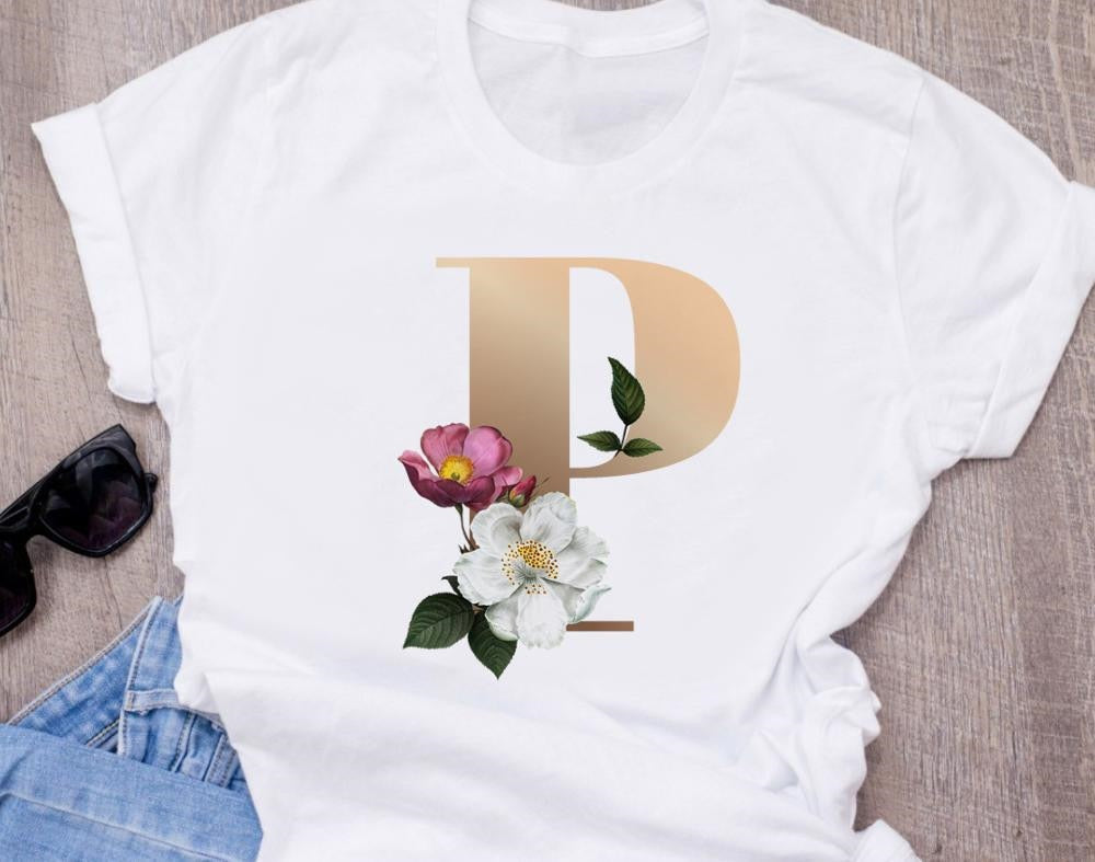 Custom name letter combination women High quality printing T-shirt Flower letter Font A BCDEFG short sleeve Clothing