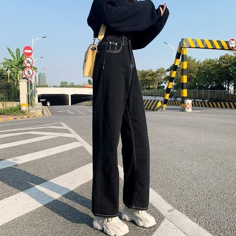 Jeans Women All-match Korean Style Mopping Trousers Denim Vintage Black Solid High Waist Autumn Baggy Chic Ulzzang Street Casual