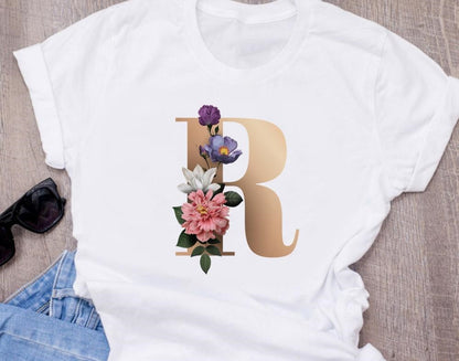 Custom name letter combination women High quality printing T-shirt Flower letter Font A BCDEFG short sleeve Clothing