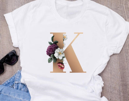 Custom name brief kombination frauen Hohe qualität druck T-shirt Blume brief Schrift EIN B C D E F G kurzarm Kleidung