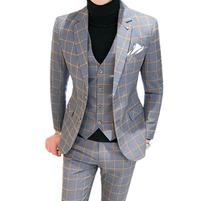 Men Dress Blazer Pants Vest 3 Piece Set / Male Wedding New 2023 Autumn Business Formal Plaid Suit Luxury