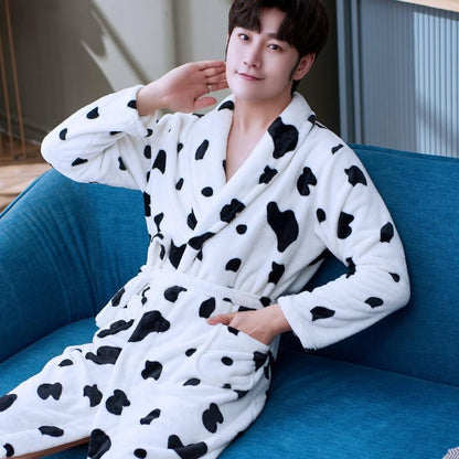 Lovers Coral Fleece Robe Autumn Winter Warm Sleepwear Women Men Thicken Flannel Bathrobe Lounge Nightgown Home Clothes Bigsize