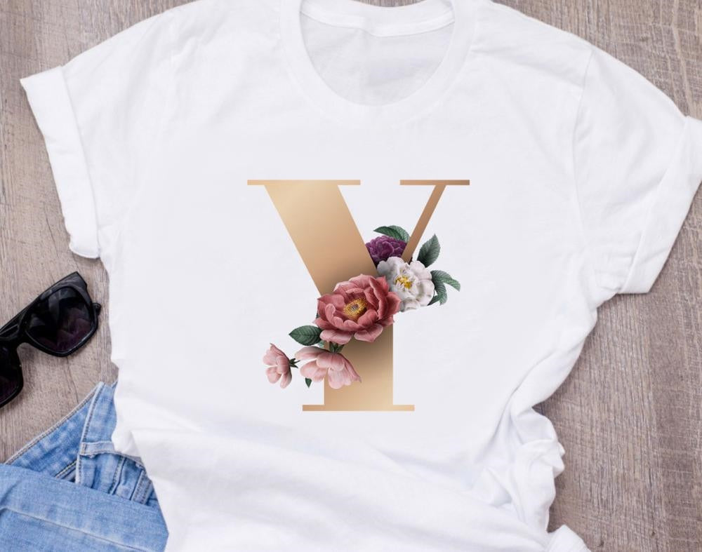 Custom name letter combination women High quality printing T-shirt Flower letter Font A BCDEFG short sleeve Clothing