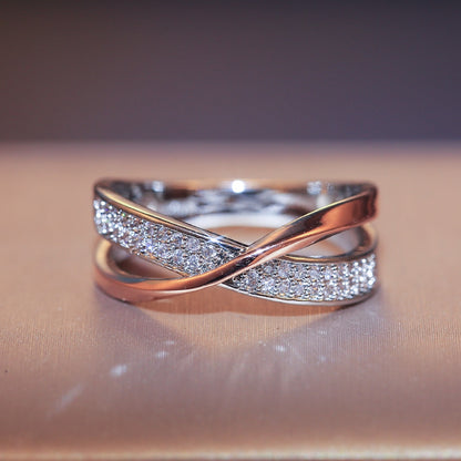 Huitan Newest Fresh Two Tone X Shape Cross Ring for Women Wedding Trendy Jewelry Dazzling CZ Stone Big Modern Rings anillos