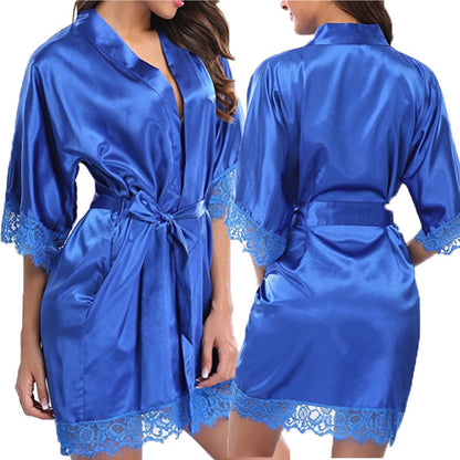 Silk Lace Dress Women's Sleepwear Mini Robe Half Sleeve Lace Bathrobe Sexy Lingerie Night Dress Thongs Nightgown