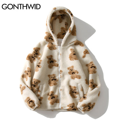 Fleece Hooded Jackets Streetwear Casual Harajuku Hip Hop Men Women Fashion Bear Print