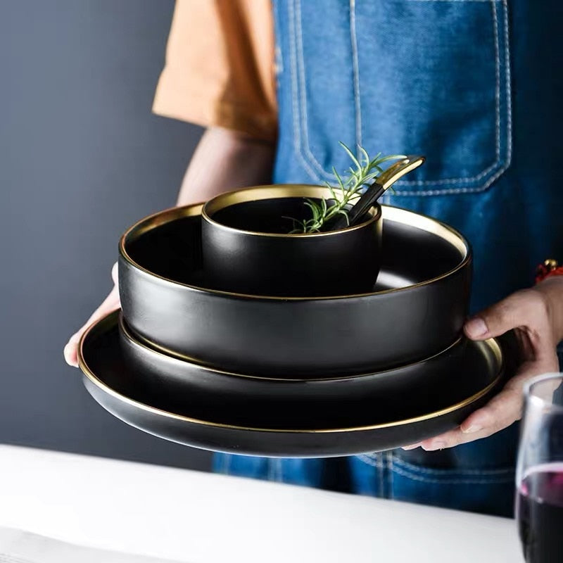 Black Dinnerware Set Ceramic Plates Dishes Plates and Bowls Set Food Plate Salad Soup Bowl Tableware Set for Restaurant