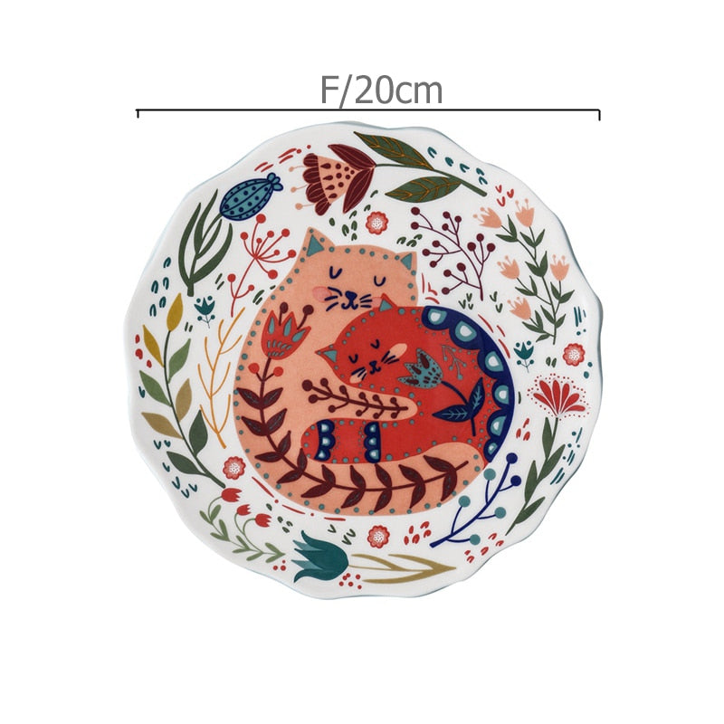 8 inch Colorful Cat Dinner Plate Under-glazed Ceramic Dinner Dishes Dessert Tray Flower Kitten Tableware Microwave Safe