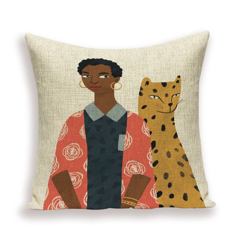 Portrait Woman Cushion Cover Leopard Home Pillow Case Linen Cushion Covers Autumn Girl Decoration Sofa Pillow Cases Almofadas