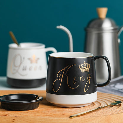 Outline in gold ceramic mug with lid spoon, cup kitten coffee ceramic mug office cup office Drink couple cup gift