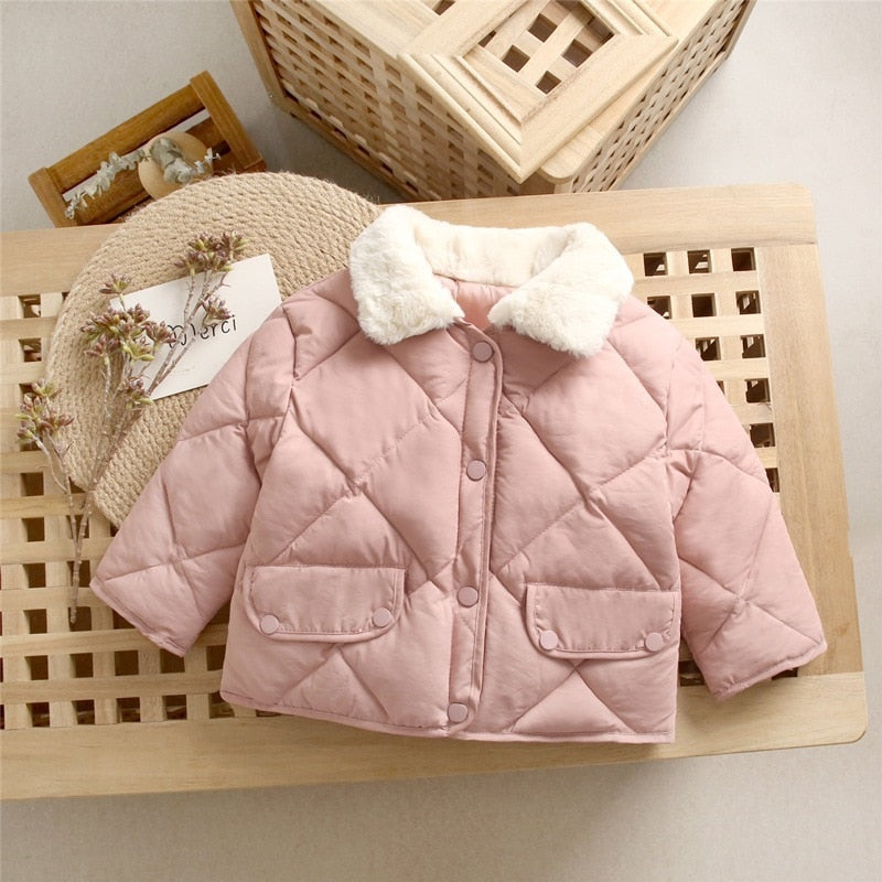 Neue Winter Kinder warme Baumwoll jacken Kaninchen Pelz Kragen Mäntel Baby kurze Stepp jacke