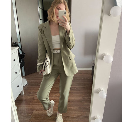 Women Blazer And Pants Sets Two Pieces OL Single Breasted Jacket Formal Suit Pleated Trousers Spring Autumn Winter