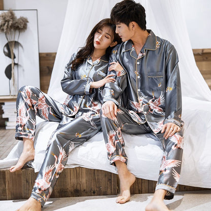 OVERSIZE Couples Print Pajamas Suit Shirt &amp; Pants Silky 2PCS Sleep Set Kimono Bathrobe Gown Casual Bridal Wedding Gift Nightwear