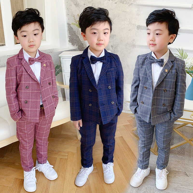 Flower Boys Formal Dress Suit Set Autumn Kids Plaid Double Breasted Blazer Pants 2Pcs Clothes