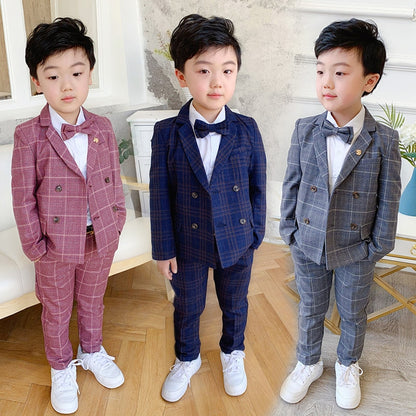 Flower Boys Formal Dress Suit Set Autumn Kids Plaid Double Breasted Blazer Pants 2Pcs Clothes