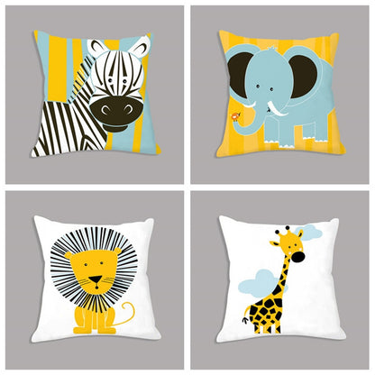 Cartoon Giraffe Lion Elephant Animal Printed White Plush Seat Cushion Throw Pillow 45x45cm Decorative Pillow Cover Kids Room