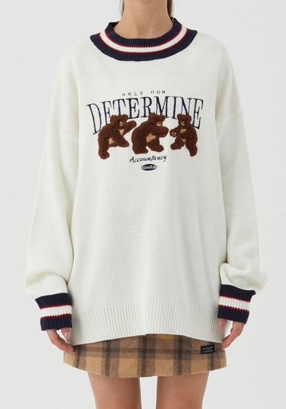 Bear Patchwork Striped Knitted Jumper Sweater Streetwear Hip Hop Harajuku