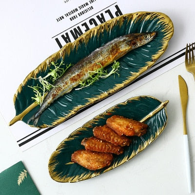 Luxury Ceramic Platter Tray with Glod Rim Green Leaf Glod Feather Jewelry Makeup Brush Storage Decorative Sushi Plate