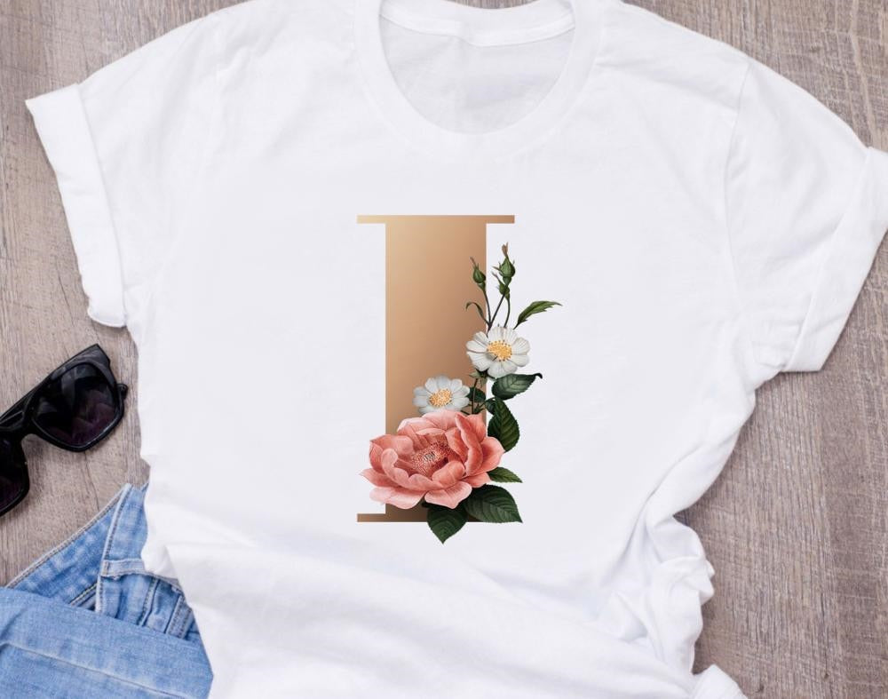 Custom name letter combination women High quality printing T-shirt Flower letter Font A BCDEFG short sleeve Clothing