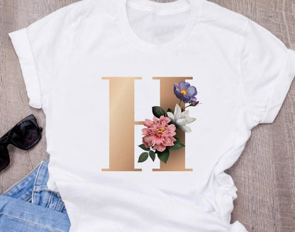 Custom name letter combination women High quality printing T-shirt Flower letter Font A BCDEFG short sleeve Clothing