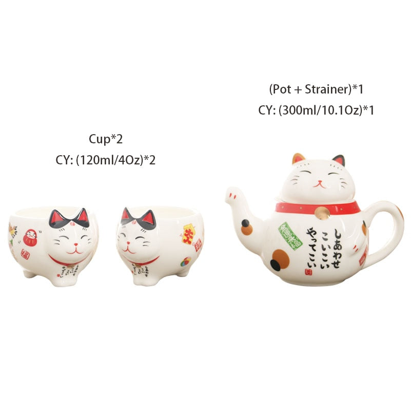 Cute Japanese Lucky Cat Porcelain Tea Set Creative Maneki Neko Ceramic Tea Cup Pot with Strainer Lovely Plutus Cat Teapot Mug
