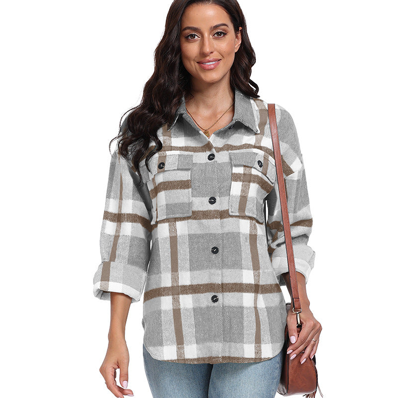 Ladies long sleeve shirt striped checked long sleeve