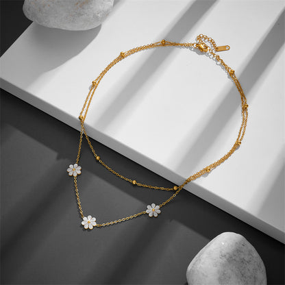 Modeschmuck Edelstahl Blume Daisy Flower Halskette Doppel Schichtung Halskette Ohrringe Jeweley Set