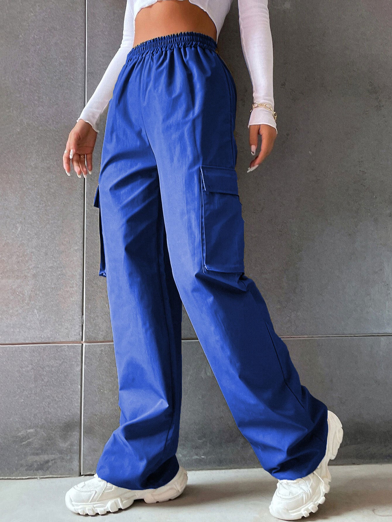 Women's fashion solid color high waist flip workwear with pocket pants