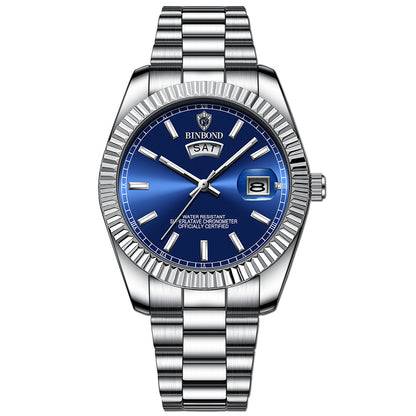 Men's wrist watch with steel belt waterproof leisure double calendar luminous