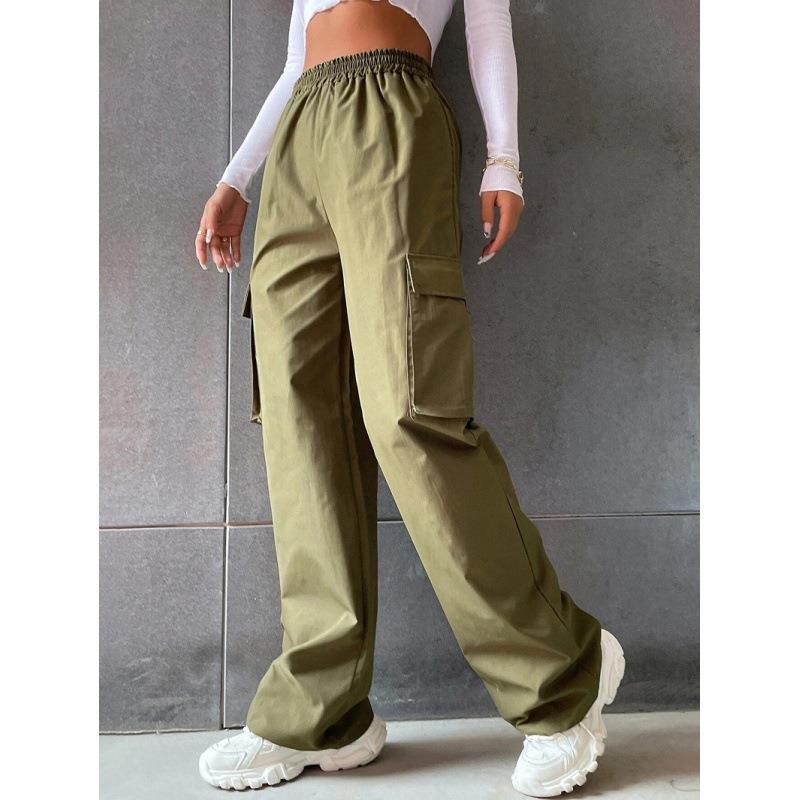 Women's fashion solid color high waist flip workwear with pocket pants