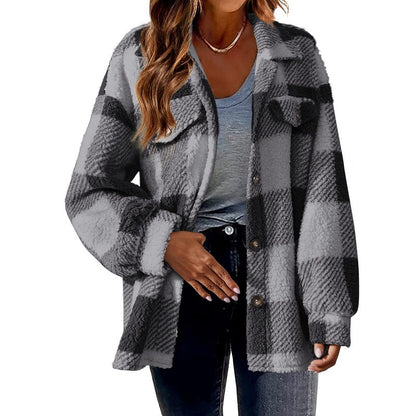 Winter plush coat with checked pocket and buttons
