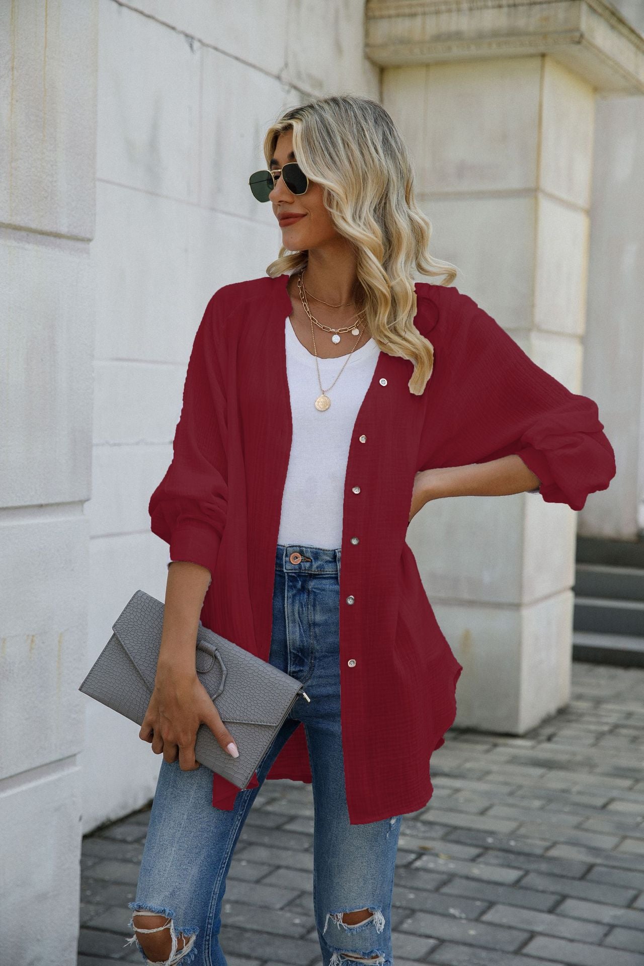 Fashionable casual women's dress with V-neck and long sleeves