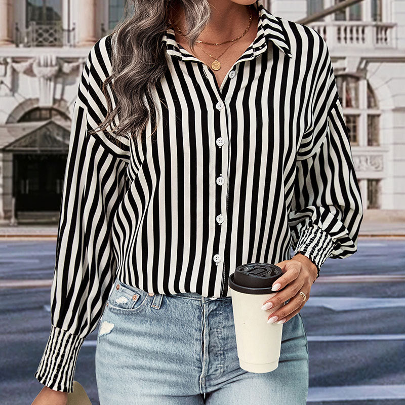 New European and American long-sleeved commuter striped shirt for women