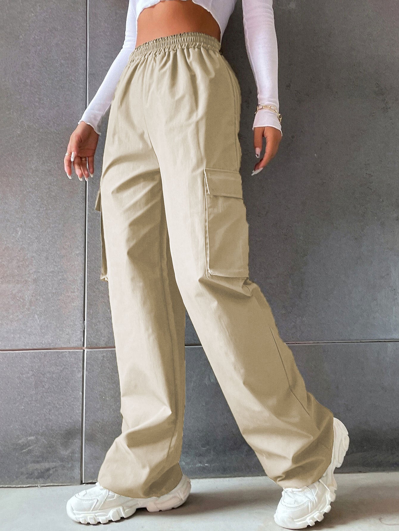 Women's fashion solid color high waist flip workwear with pocket pants