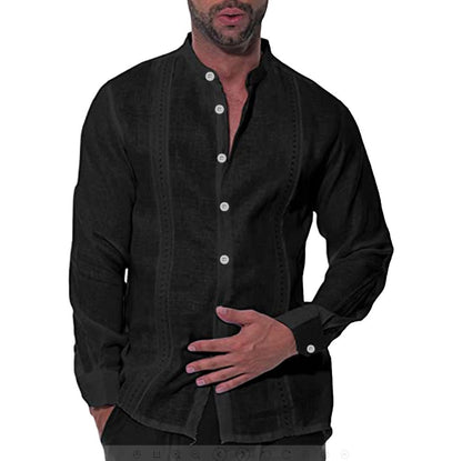 Men's Fashion Casual Tree Wool and Linen Long Sleeve Stand Collar Shirt