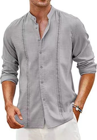 Men's Fashion Casual Tree Wool and Linen Long Sleeve Stand Collar Shirt