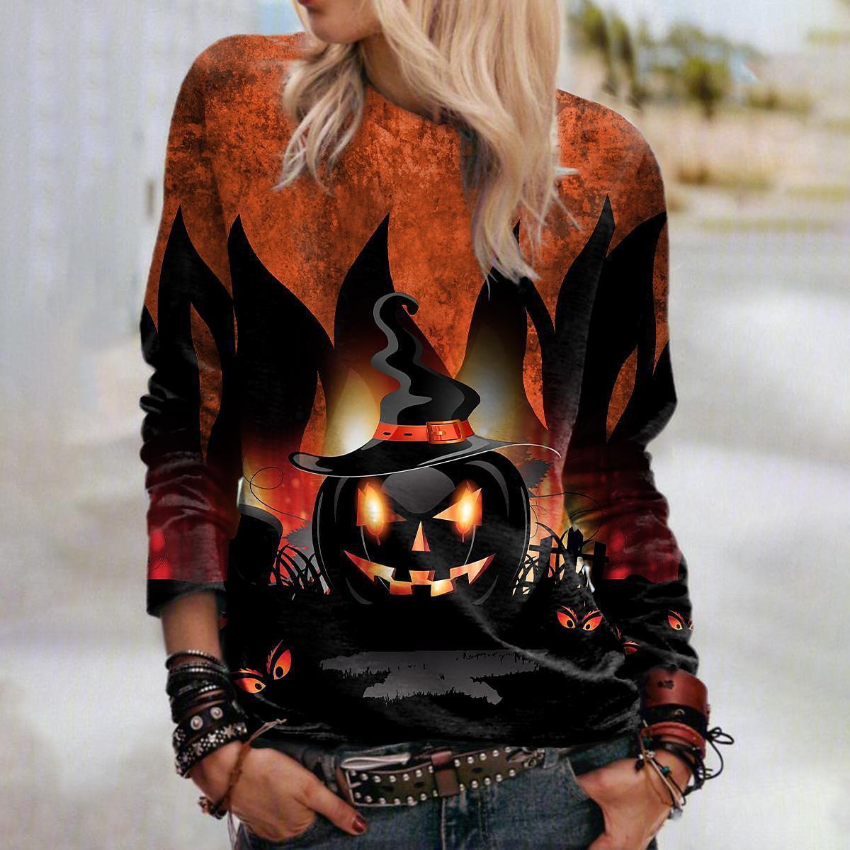 Women's Printed Halloween Crew Neck Sweatshirt