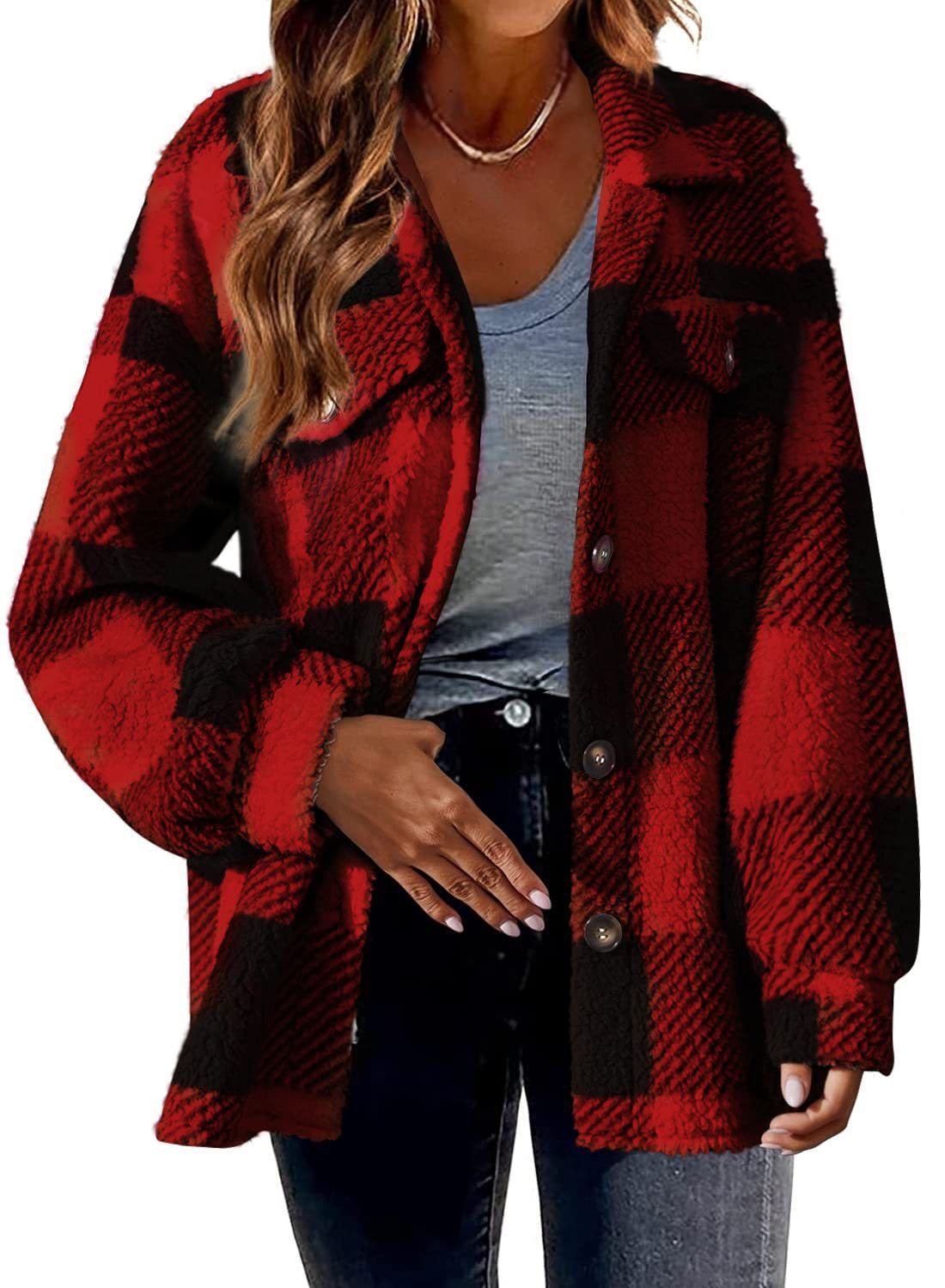 Winter plush coat with checked pocket and buttons