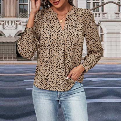 Top Herbst Damenbekleidung mit langen Ärmeln und Leopardenmuster im Commute Stil